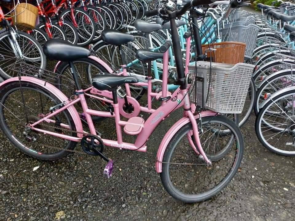歡樂自行車店內的粉色親子車實車